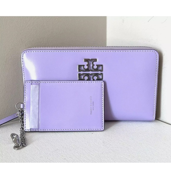New Tory Burch Britten Patent Zip Continental Wallet Lavender with